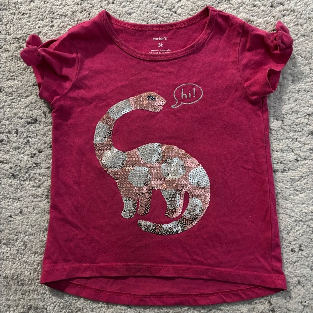 Carter's Pink Bow Short Sleeve Sequence Dinosaur Tee Size 3T